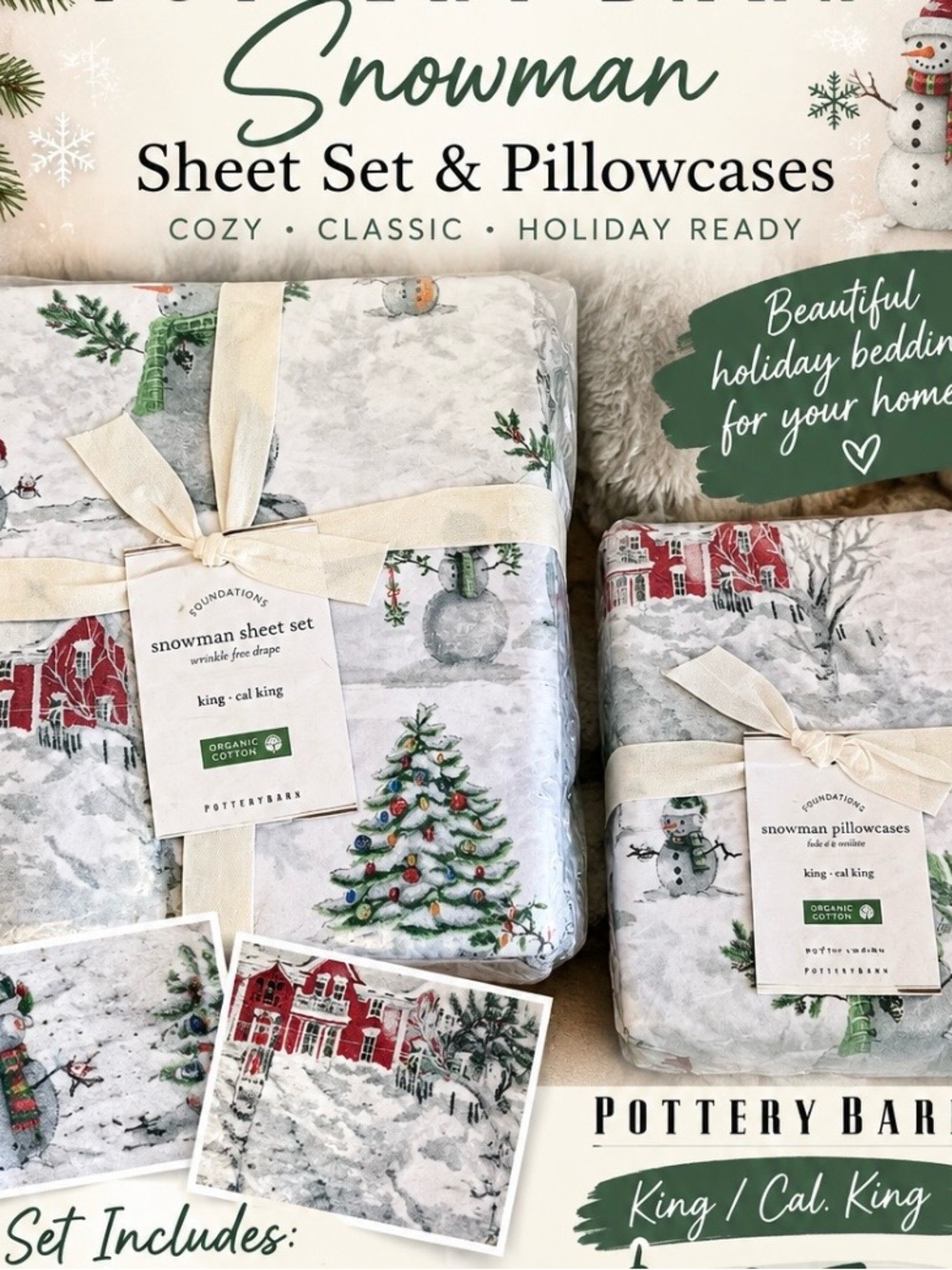 Pottery Barn Snowman Sheet Set & Pillowcases - White, Green, Red
